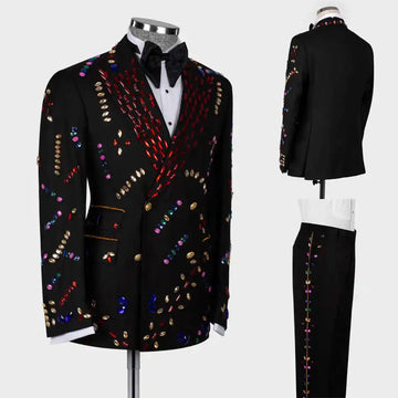 Luxury Wedding Tuxedos Beaded Crystal Double Breasted Men Suit Peaked Lapel 2 Piece Set Jacket Pants Groom Blazers Customized