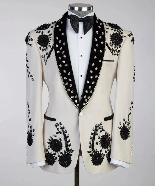 Luxury Men Suits Wedding Tailor-Made Beaded Crystal One Piece Coat Shawl Lapel Groom Blazer Appliques Customized Only Jacket