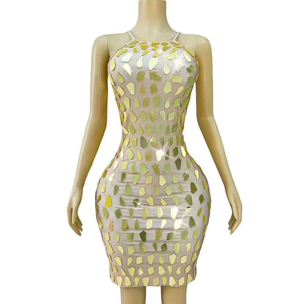 Sexy Shiny Gold Mirrors Trim Fit Suspenders Dress Women Daily Birthday Celebrate Cocktail Party Club Costume Show Stage Outfit