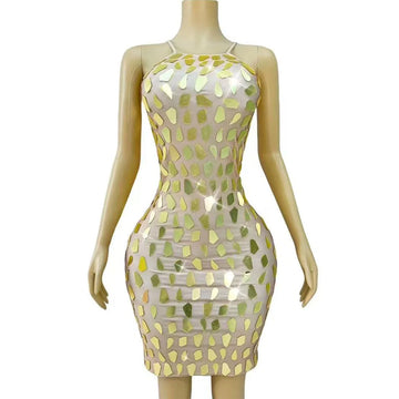 Sexy Shiny Gold Mirrors Trim Fit Suspenders Dress Women Daily Birthday Celebrate Cocktail Party Club Costume Show Stage Outfit