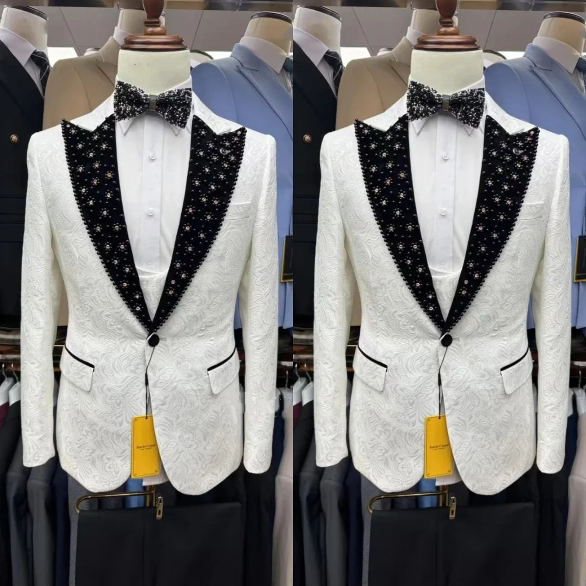 Elegant Men Suits Beading 2 Pieces Set Peaked Lapel Jacket Jacquard Blazer Rhinestone One Button Groom Customized Coat Pants