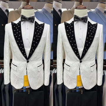Elegant Men Suits Beading 2 Pieces Set Peaked Lapel Jacket Jacquard Blazer Rhinestone One Button Groom Customized Coat Pants