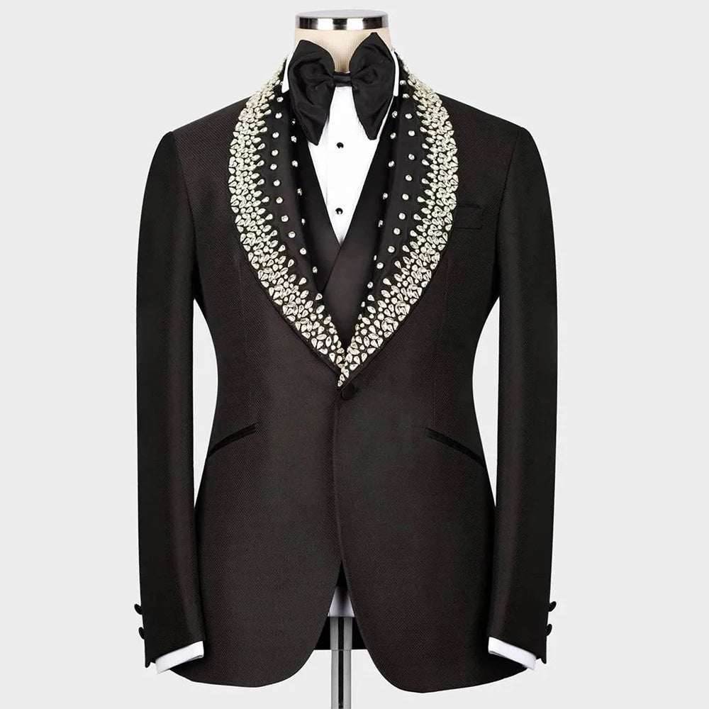 Mens Suit 3 Piece Slim Fit Gentlemen Suit Jacket Vest Pants Beaded Diamonds Customized Wedding Formal Occasions Groom Tuxedo