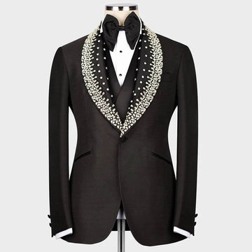 Mens Suit 3 Piece Slim Fit Gentlemen Suit Jacket Vest Pants Beaded Diamonds Customized Wedding Formal Occasions Groom Tuxedo