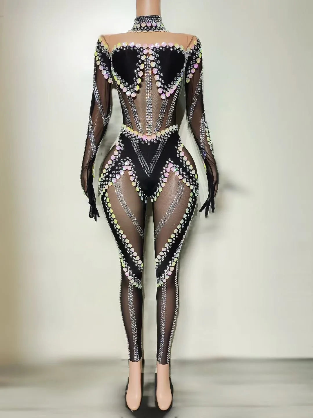 Halloween Sparkly Crystal Sequin Women Sexy Long Sleeve Mesh Jumpsuit Nightclub Cos Party Dancer Performance Costume Stage Wear