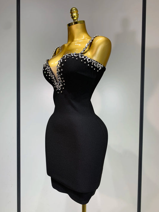 Women Sexy Sling V-neck Black Mini Bodycon Bandage Dress Luxury Celebrity Evening Club Celebrity Elegant Party Gowns
