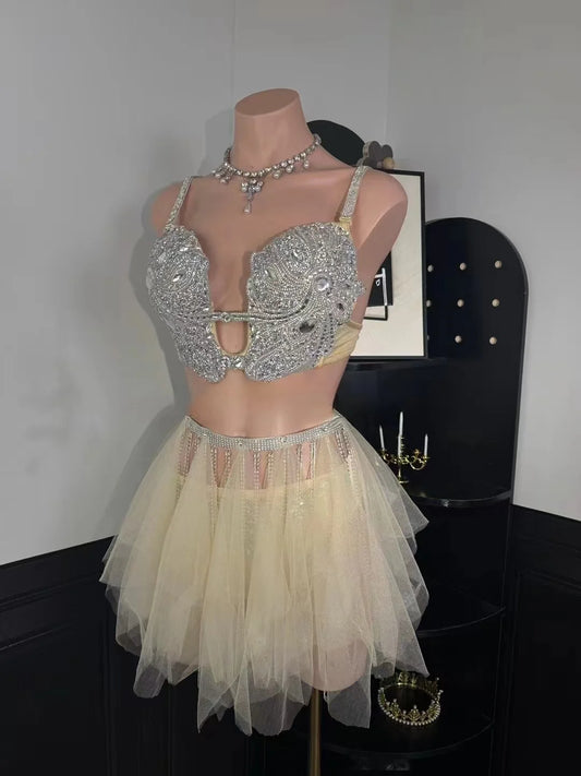 Luxury Gold Full Diamond Sexy Bikini Dress Performance Outfit Party Bar Nightclub Singer Dance Stage Prom Birthday Evening Wear