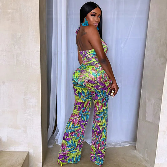 Leafs Print Lace Up Halter Backless Slim Flare Jumpsuits Summer Women Sexy Sleeveless Skinny Holiday Overalls Casual Romper