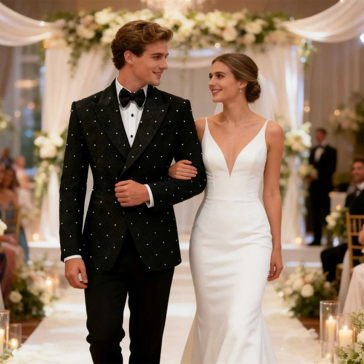 Shiny Metal Embellished Men Suits Peaked Lapel Groom Tuxedos 2 Pieces Sets Wedding Blazers Outfit Slim Customized