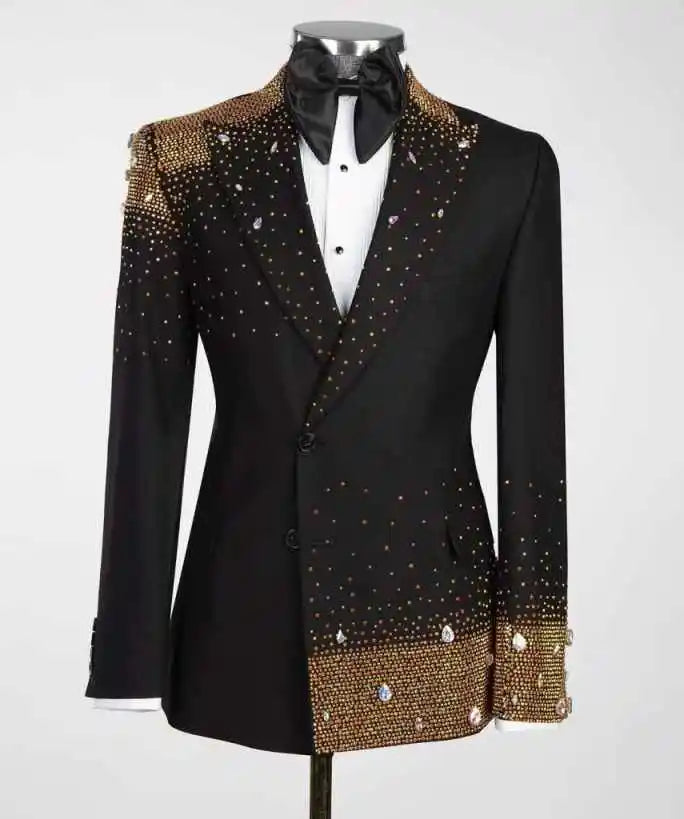 Luxurious Beaded Wedding Tuxedos 2 Piece Set Jacket Pants Black Men Suit Crystal Groom Wear Party Evening Suits Customized