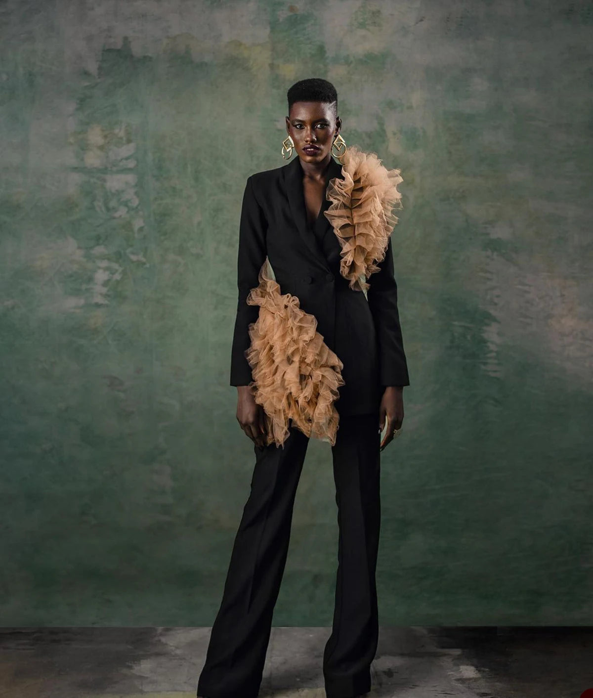 Chaqueta larga negra para mujer, traje de madre de la novia con pantalones y flores, abrigo con volantes para dama, ropa de fiesta de graduación, 2 piezas 