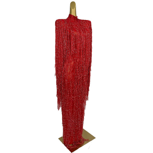 Full Tassel Dress Long Sleeves Stretch Party Fringes Dress Women Singer Stage Performance Dress Dance Costumes