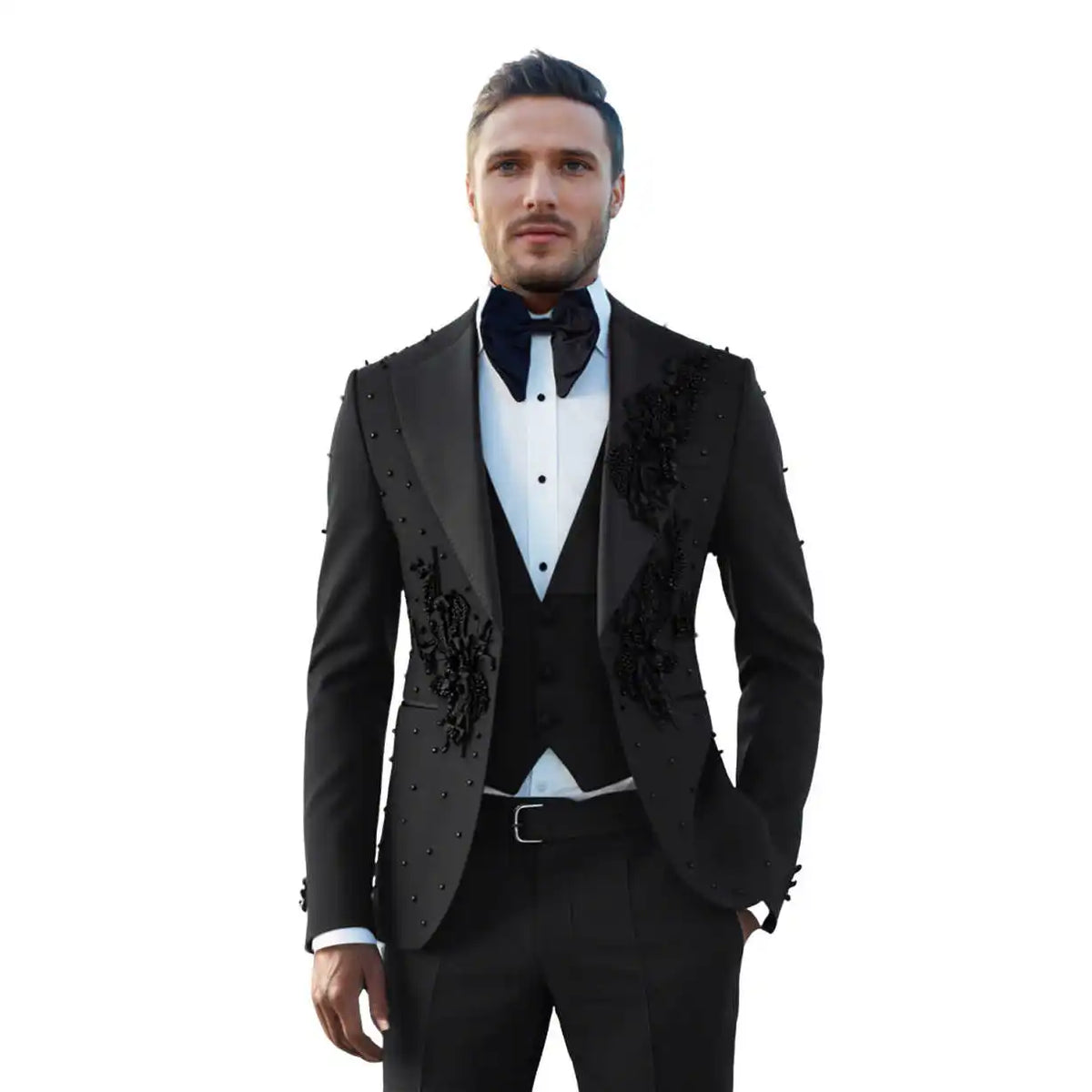 Ensemble de costume smoking 3 pièces pour homme, perles faites à la main, coupe ajustée, personnalisé, mode marié, mariage, formel, sur mesure, veste, gilet, pantalon