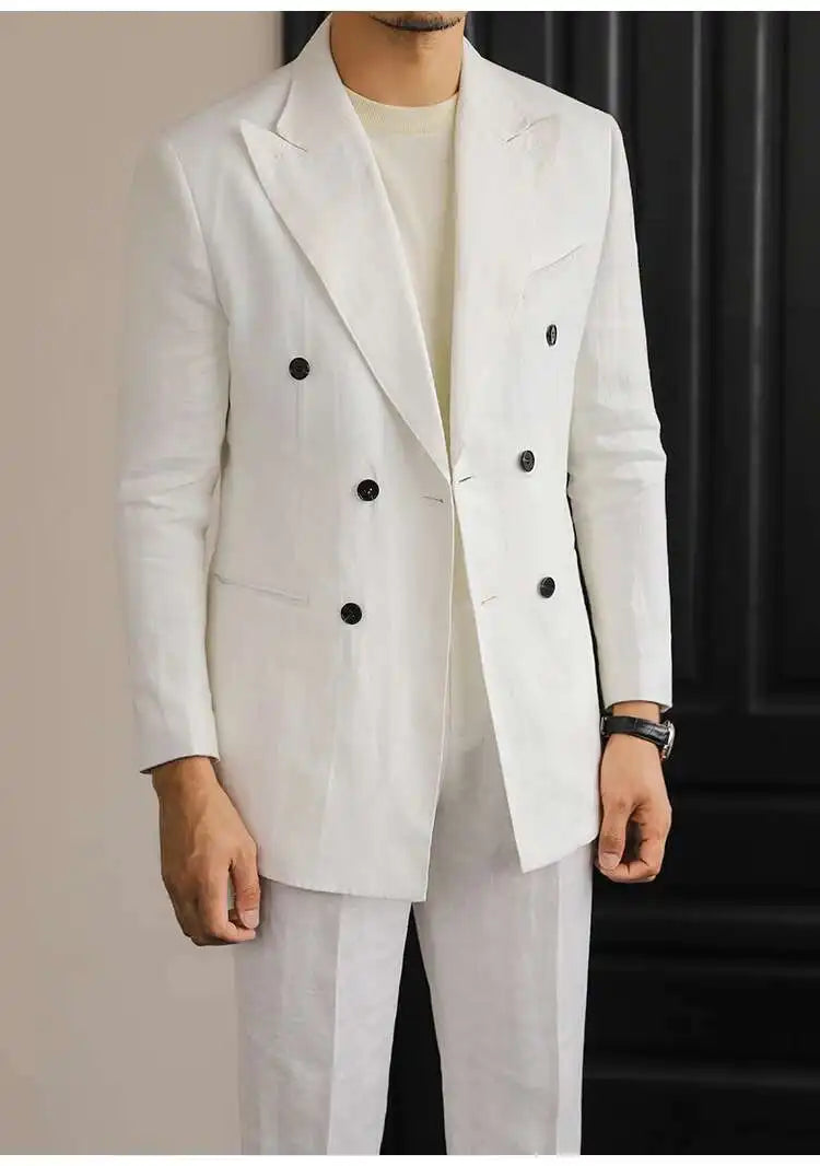 Luxury Linen Double Breasted Italian Suit for Men's Versatile Slim Fit Business Lapel Collar Retro Suit