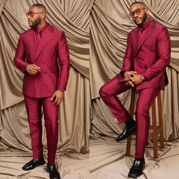 Stylish Men Suits Peaked Lapel Beading Blazer Tailor-Made 2 Pieces Set Jacket Double Breasted Groom Customized Coat Pants