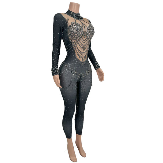 Fancy Rhinestone Spandex Tight Fitting Sparkly Jumpsuit Nightclub Stage Performance Dancewear Sexy Women Bar Party Outfit