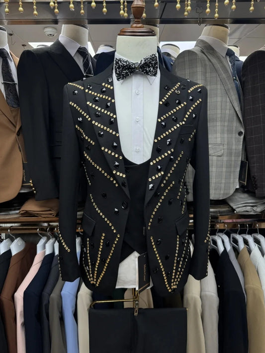 Retro Men Suits Tailor-Made 2 Pieces Set Peaked Lapel Jacquard Jacket Rhinestone Blazer One-Button Customized Coat Pants