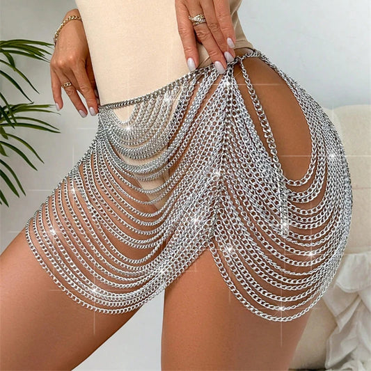 Gold Silver Night Club Wear Body Chain Women's Skirt Fashion Casual Hollow Mini Skirts 2024 Summer Beach Bikini Tassel Clothing
