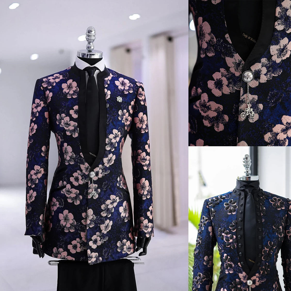 Stylish Men Suits Tailor-Made 2 Pieces Standard Lapel Jacket Flowers Blazer One Button Groom Customized Coat Black Pants
