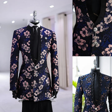 Stylish Men Suits Tailor-Made 2 Pieces Standard Lapel Jacket Flowers Blazer One Button Groom Customized Coat Black Pants