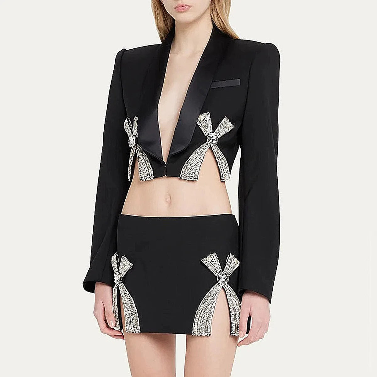 Suit Set Women's Luxurious Diamonds Beaded Short Blazer Skirt Suit