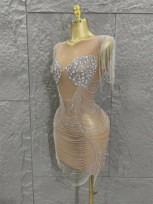 Robe moulante sexy en maille transparente avec gros cristaux pour femme, tenue scintillante pour célébrer une soirée en boîte de nuit, un anniversaire ou une scène