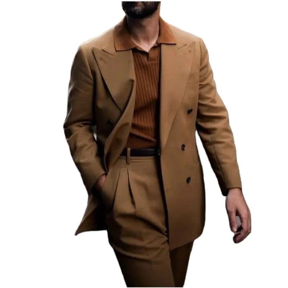 Brown Men's Suits Loose Smart 2 Pieces Peaked Lapel Double Breasted Wedding Casual Daily Custom Male Clothing Jacket Pants