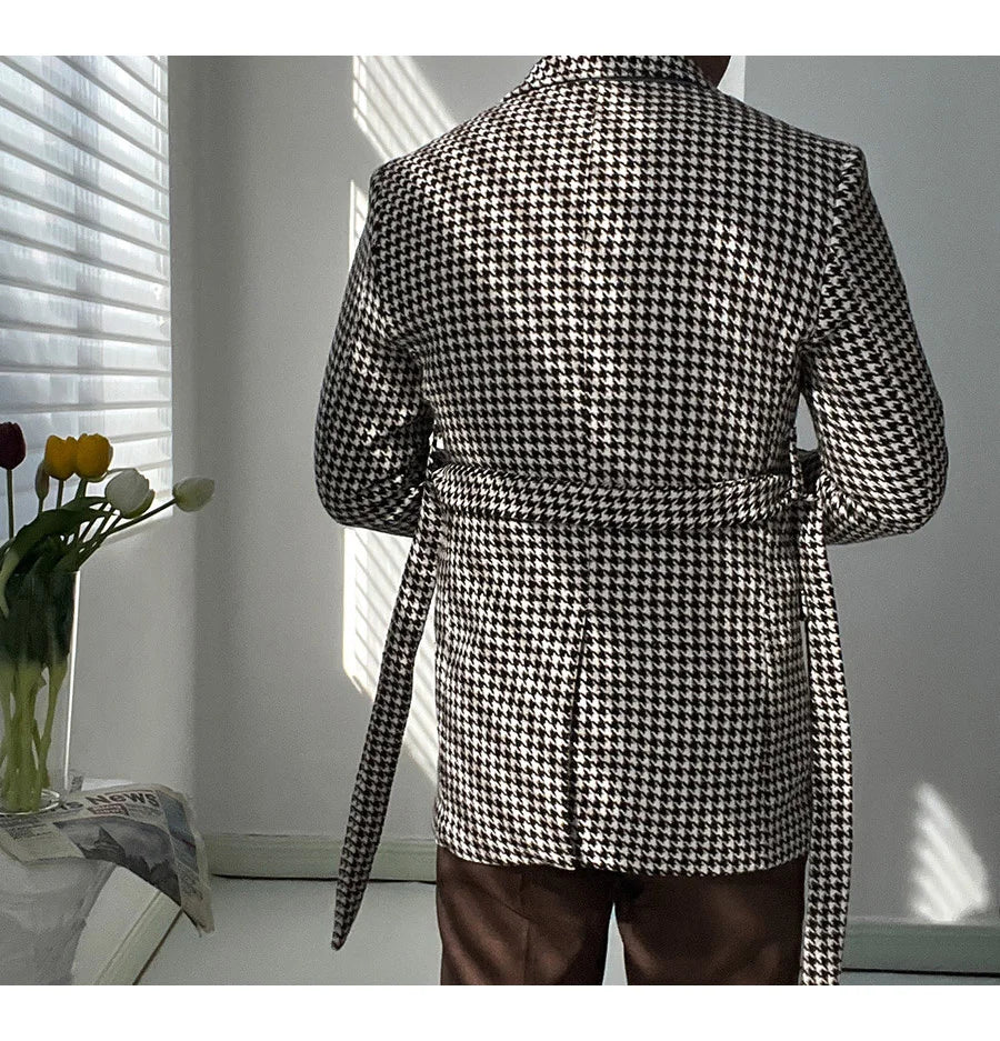 Houndstooth Woolen Blen Dplaid Retro Casual Men's Coat Slim Long Sleeve Belt Suit 2PC