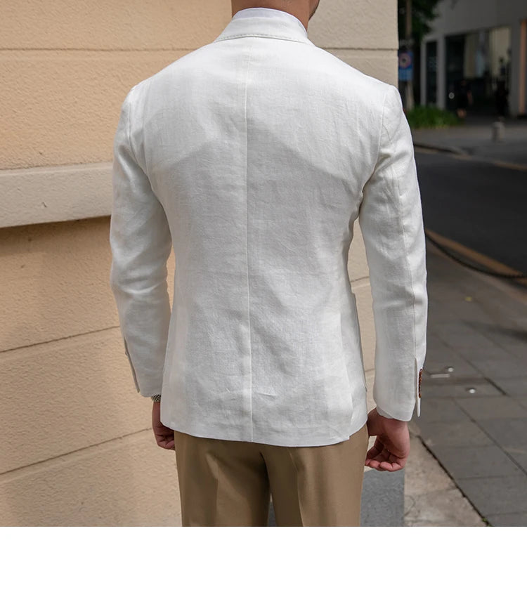 100% Linen Italian Stylish Blazer Men Casual Breathable Half Lining Vintage Suit Jacket Pink White