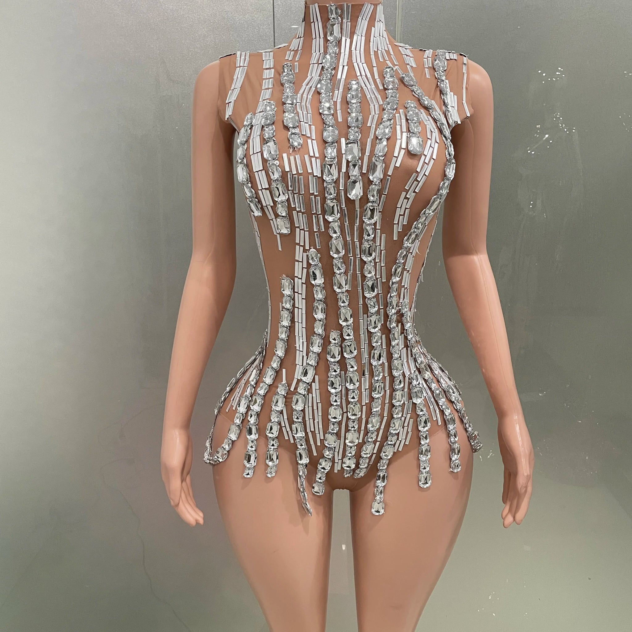 Body à strass scintillants pour femme, tenue sexy transparente sans manches pour spectacle en boîte de nuit