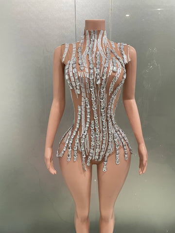 Body à strass scintillants pour femme, tenue sexy transparente sans manches pour spectacle en boîte de nuit