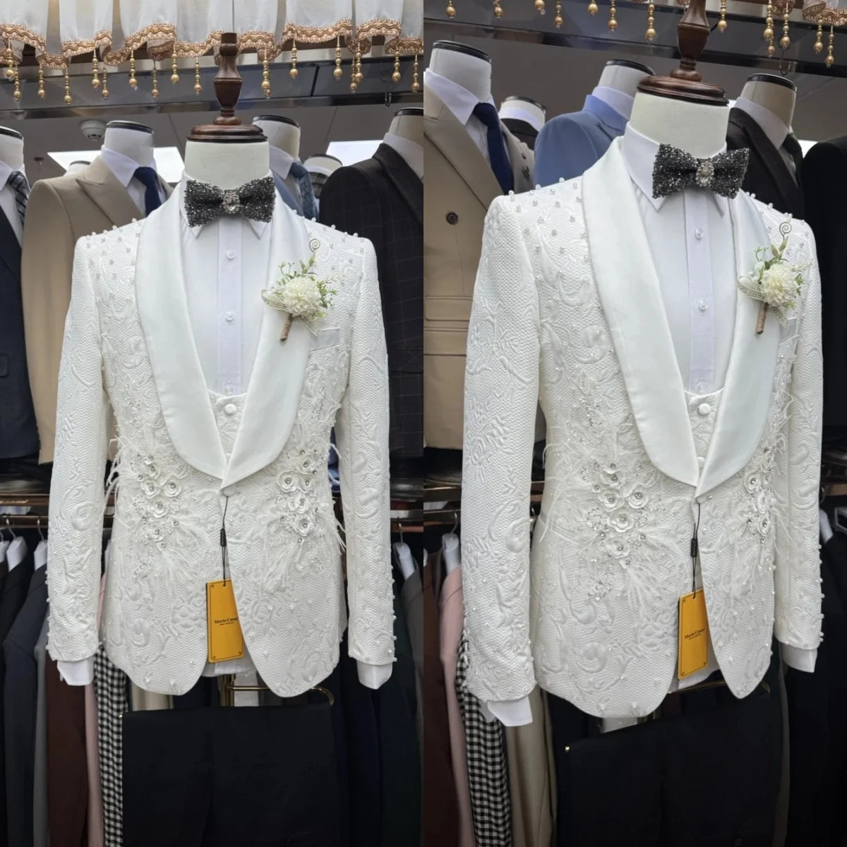Luxury Men's Suit Shawl Lapel Appliques Tailor-Made 3 Pieces Set Jacket Pearls Jacquard One Button Customized Coat Vest Pants