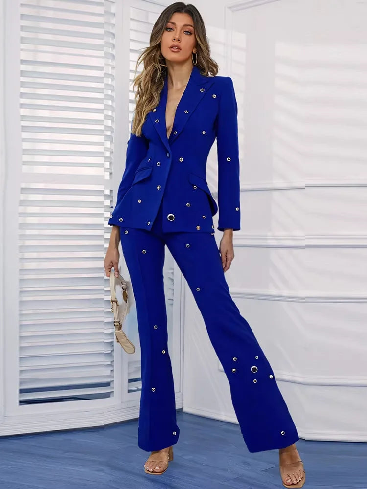 Runway Pantsuits for Women Designer Fashion White Suit Set Wedding Single Button Rivet Eyelet Lapel Blazer Pants Set 2pcs