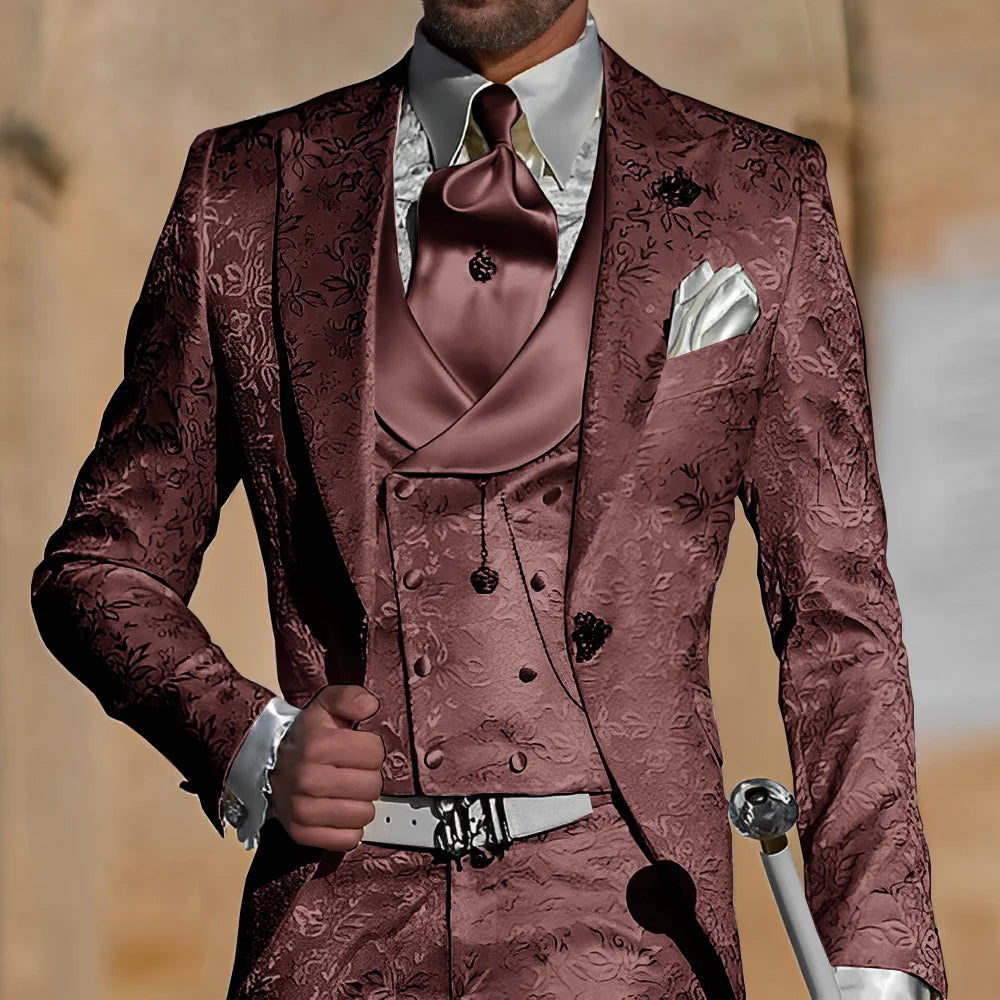 Jacquard Men's Suit 3 Piece Suit Groom Party Tuxedo Wedding Men's Formal Jacket Pants Vest Slim Fit Custom Suit Male