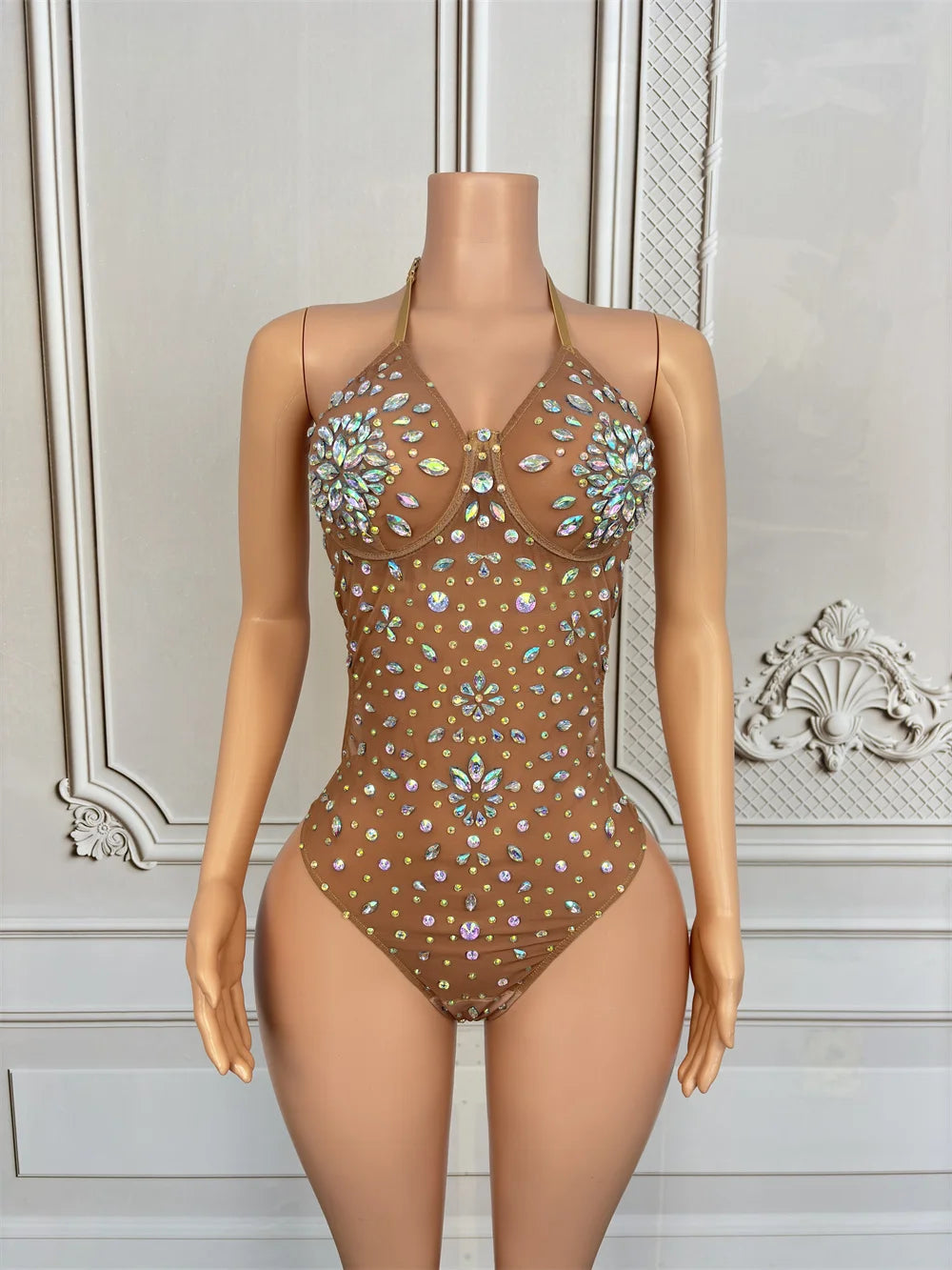 Women Sexy Backless Mesh Stretch Bodysuit Performance Stage Leotard Shiny Rhinestones See Through Nightclub Outfit Dance Costume