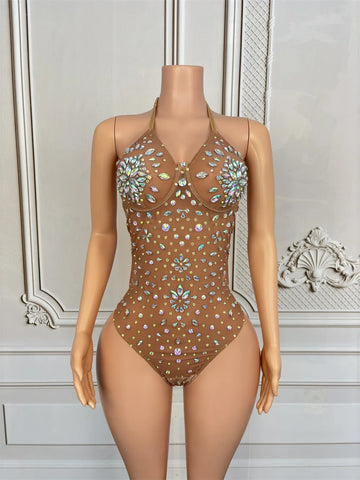 Women Sexy Backless Mesh Stretch Bodysuit Performance Stage Leotard Shiny Rhinestones See Through Nightclub Outfit Dance Costume