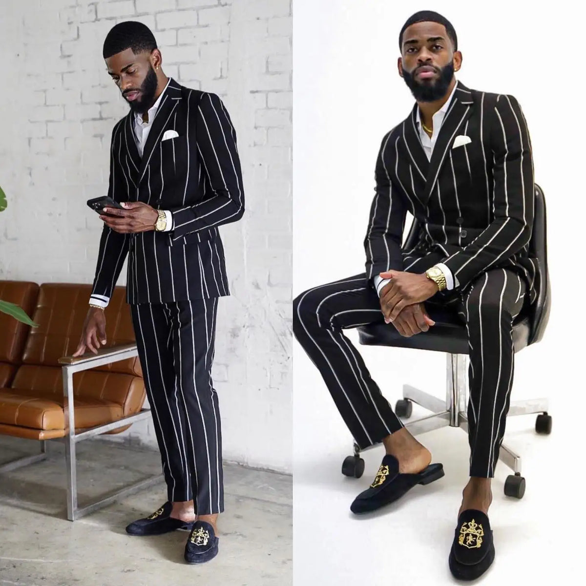 Black Vertical Stripe Double-Breasted Men's Suit Set, Notched Lapel Groom Tuxedo for Weddings