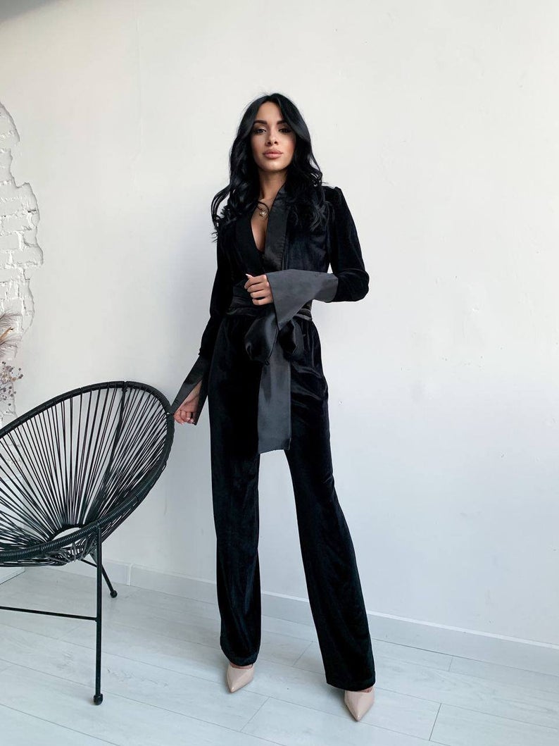 Traje de oficina de 2 piezas de terciopelo negro para mujer, blazer con cinturón y pantalón, vestido formal de noche para graduación, hecho a medida. 