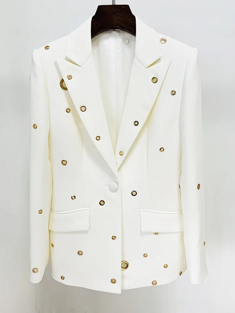 Runway Pantsuits for Women Designer Fashion White Suit Set Wedding Single Button Rivet Eyelet Lapel Blazer Pants Set 2pcs