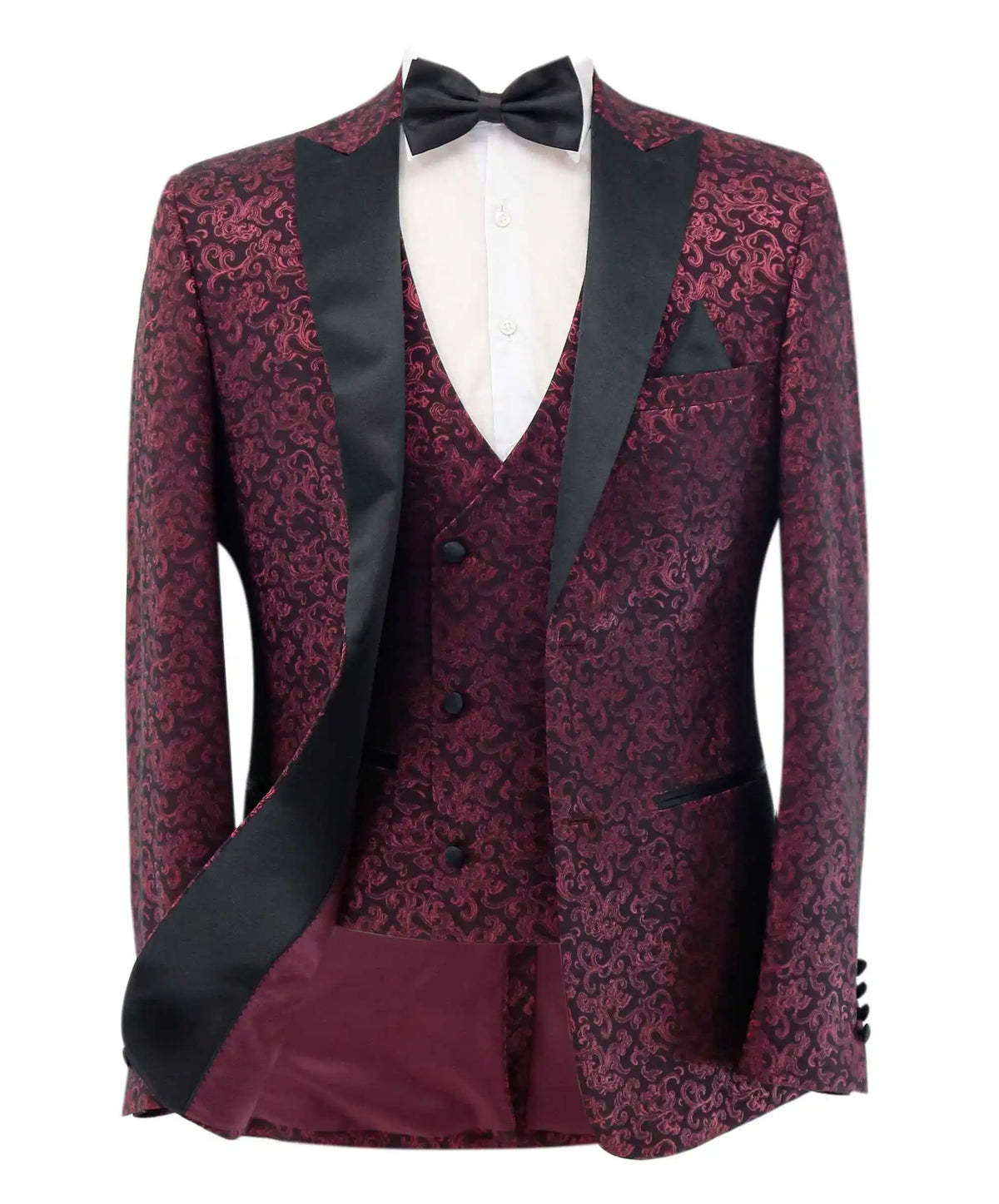 Burgundy Pattern Wedding Men Groom Tuxedos Peaked Lapel Jacket Custom Made Prom Male White Party Coat Jacket Vest Pants Suits