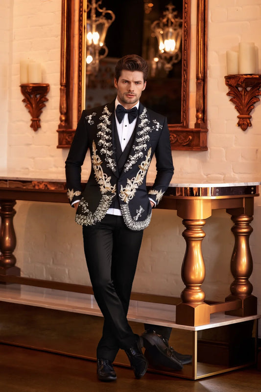 Elegant Men Suit 3 Piece Appliques Coat Blazer Suit Slim Formal Wedding Tuxedos Groom Business Prom Party Customized