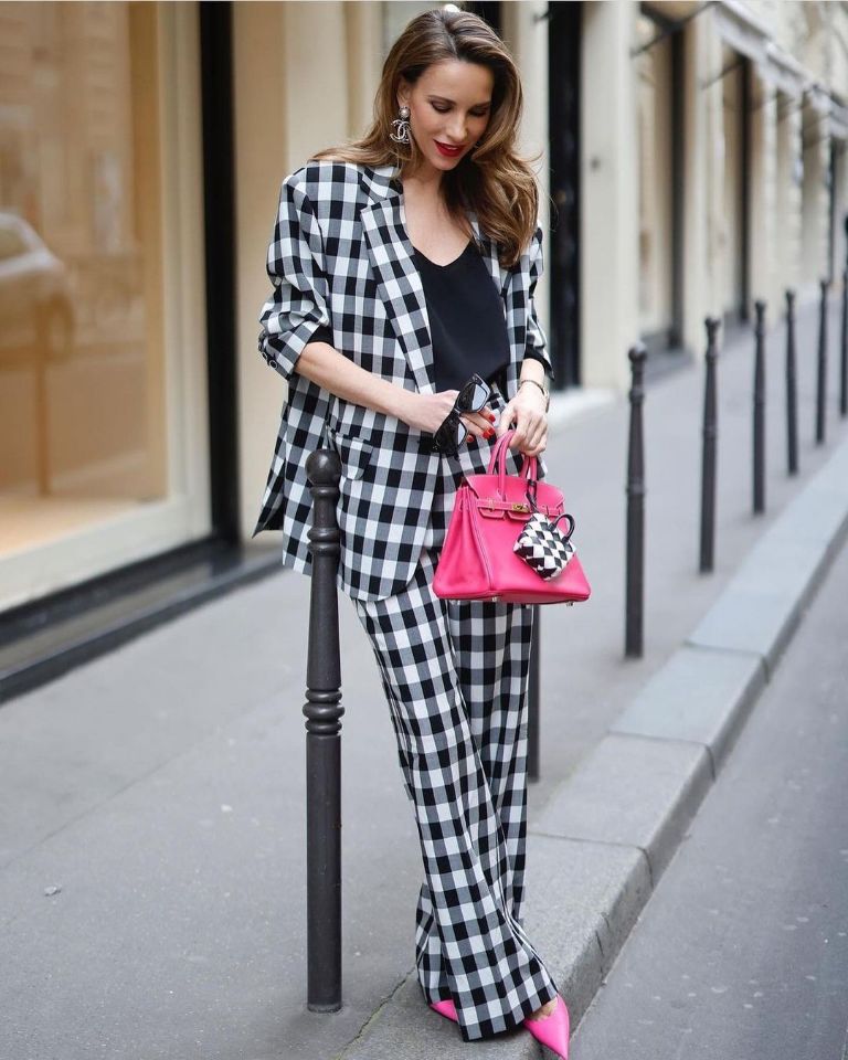 Black White Plaid Blazer Suits Street Power Slim Fit Pencil Pants Evening Party Outfit Wedding Wear 2 Pieces
