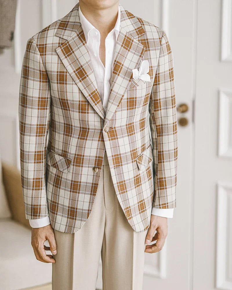 Men's Brown and White Plaid Blazer Single-Breasted Two-Button Casual Jacket