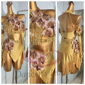 Latin Dance Costume AB Stone Female Adult Children High end Customized Gold Dress Flower Collar Samba Performance Dress
