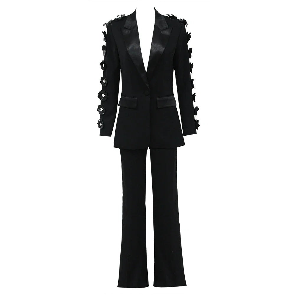 Chic Elegant Women's Black Suit Set with Floral Appliqué Blazer and Flare Pants for Glamorous Party Looks