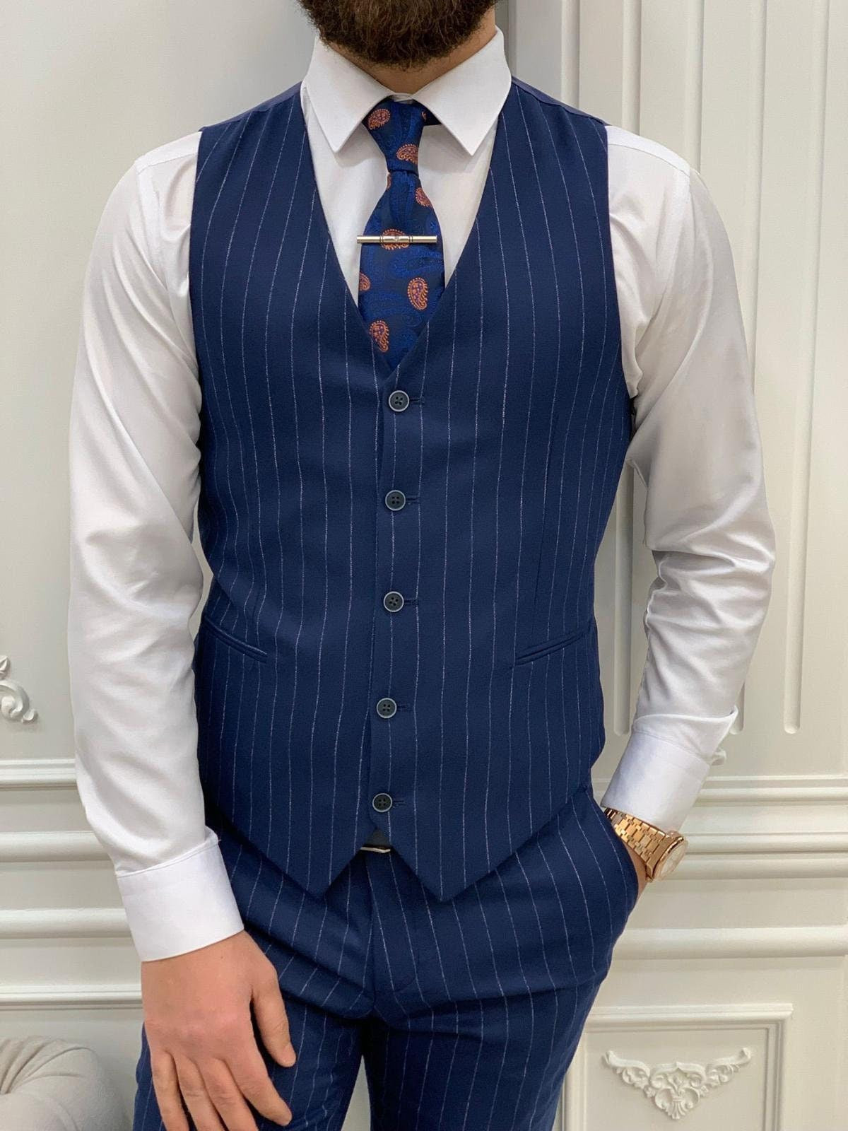 Traje de hombre azul marino de 3 piezas, blazer, chaleco, pantalón, botonadura sencilla, solapa de pico, traje de negocios a rayas para novio de boda, traje a medida para hombre 