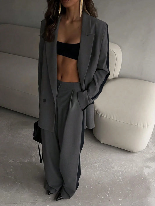 2pcs Women Business Set Contrast Color Blazer Jacket and Elastic Waist Straight Leg Pants Set,Elegant Style for Office Work Lady