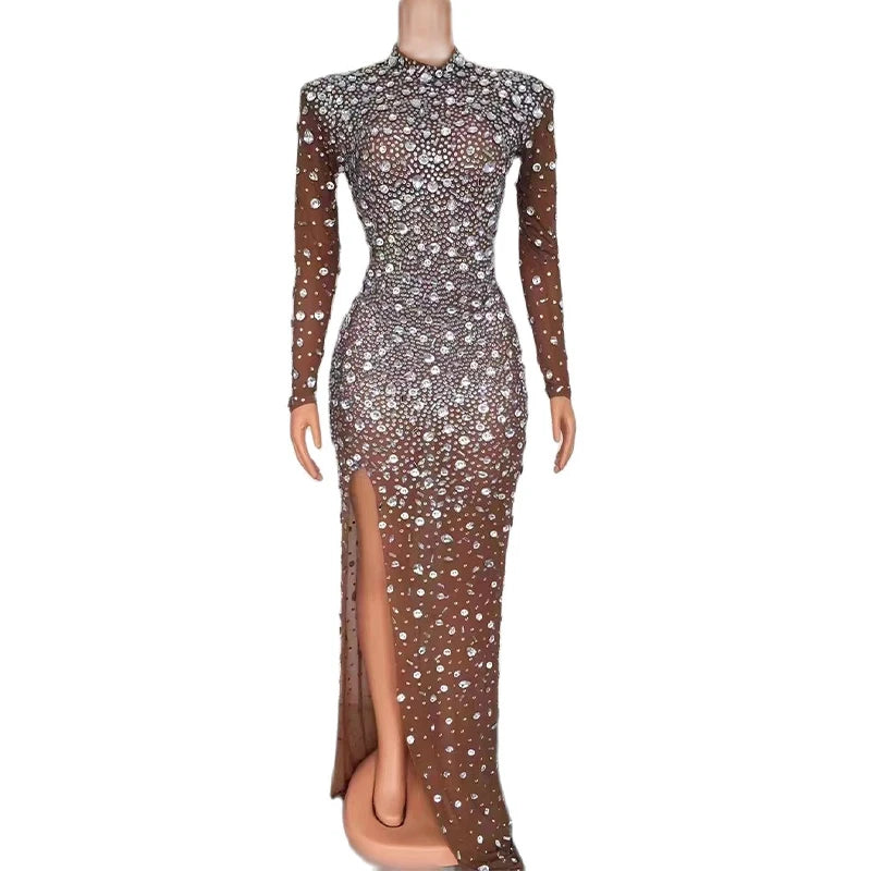 Sexy Stage Sparkly Silver Rhinestones Transparent Evening Long Dress Birthday Celebrate Crystals Costume Dancer Prom Club Dress