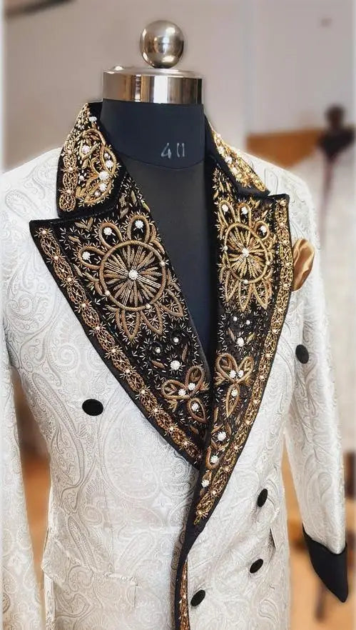 Fashion Appliques Men Suits Jacquard 1 Piece Tailor-Made Jacket Only One Blazer Embroidery Double Breasted Groom Customized Coat