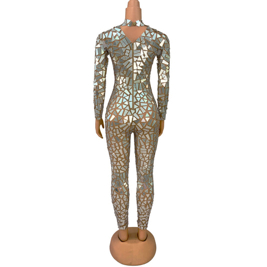 Sparkly Silver Mirrors Shining Bodysuit Women's Party Celebrate Outfit DJ Singer Show Dance Perform Stretch Outfit